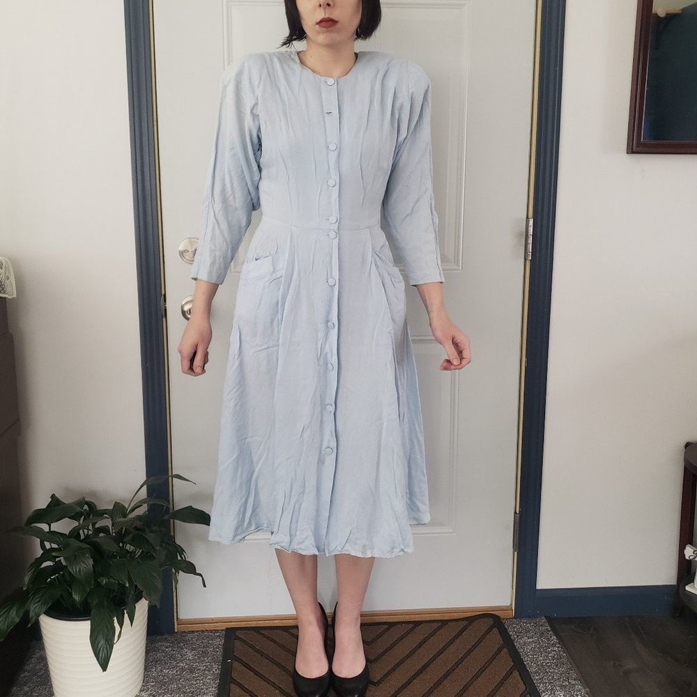 90s Blue Rayon Long Sleeve‎ Dress